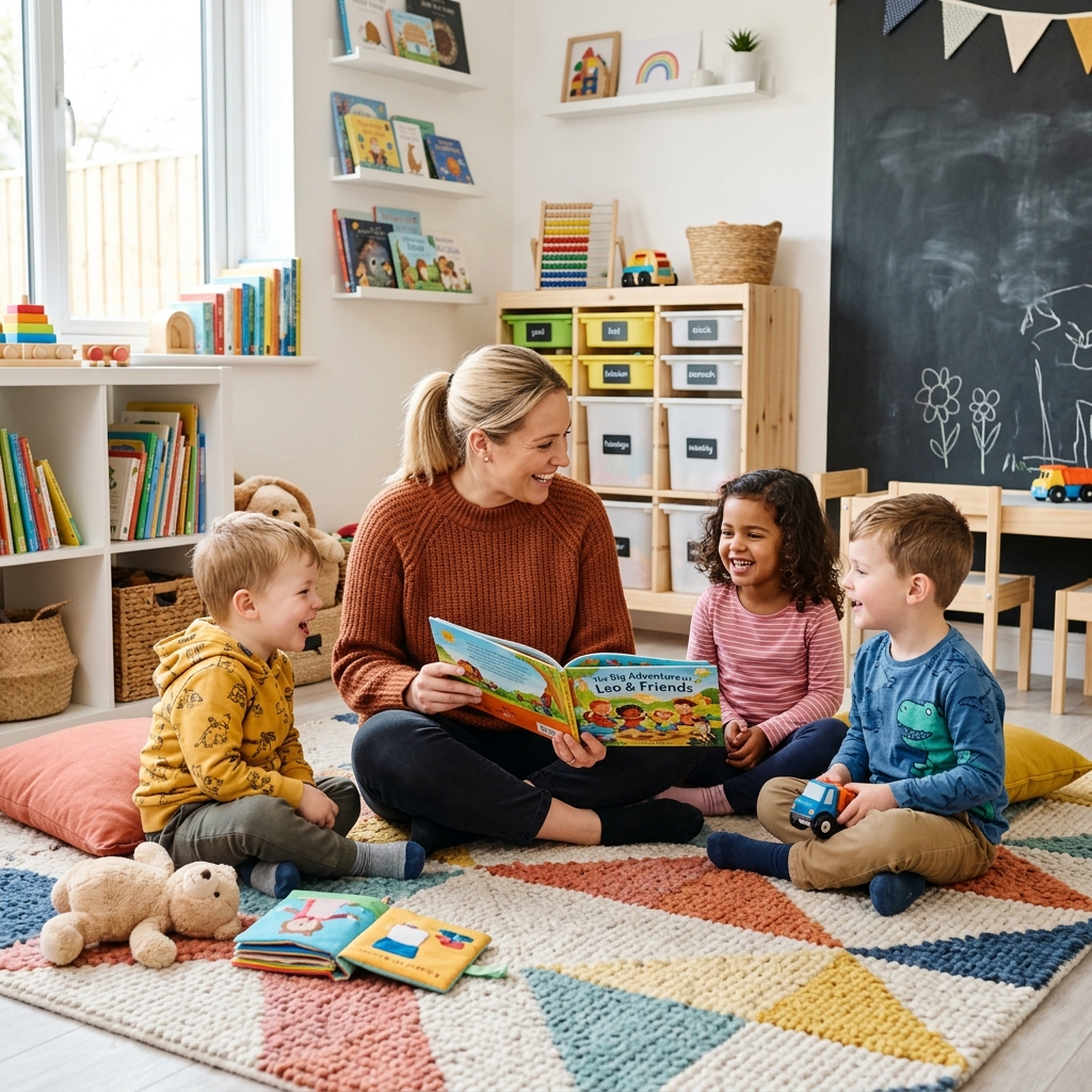 Childcare professional engaging children in age-appropriate activities