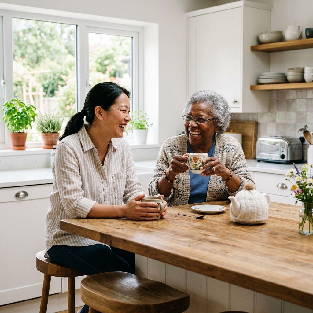 Caregiver sharing conversation and companionship with a client